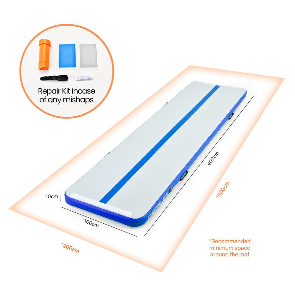 PROFLEX 400x100x10cm Inflatable Air Track Mat Tumbling Gymnastics, Blue & White (No Pump)