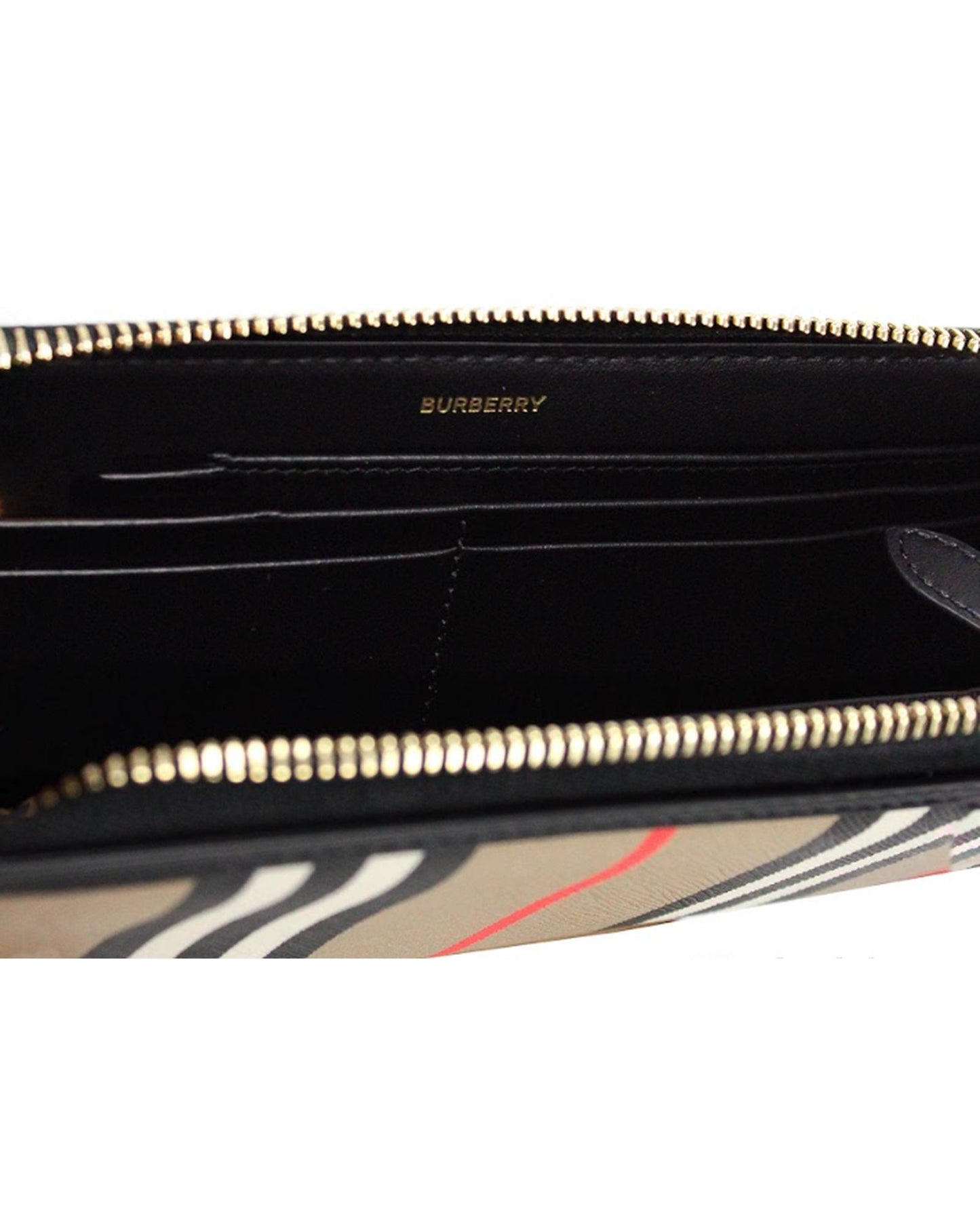 Burberry Women's Ellerby Black Leather Icon Stripe Canvas Zip Around Continental Wallet - One Size