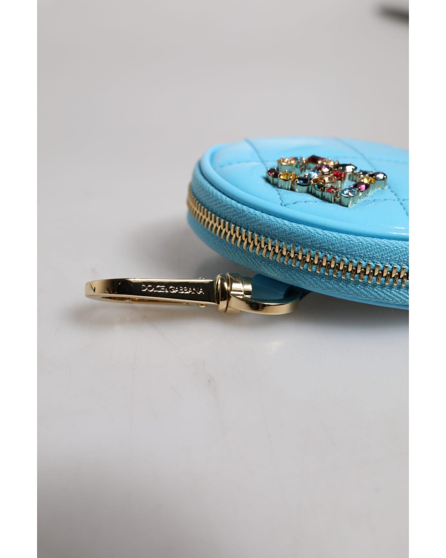Dolce & Gabbana Women's Light Blue Lamb Leather DG Crystal Round Coin Purse Wallet - One Size