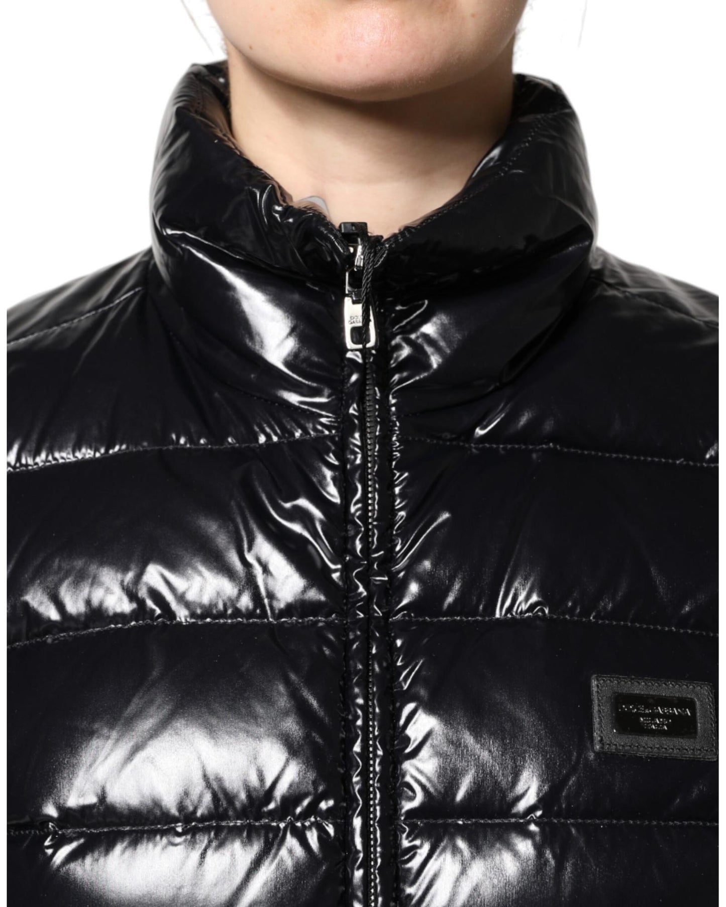 Dolce & Gabbana Women's Black Logo Plaque Full Zip Puffer Jacket - 42 IT