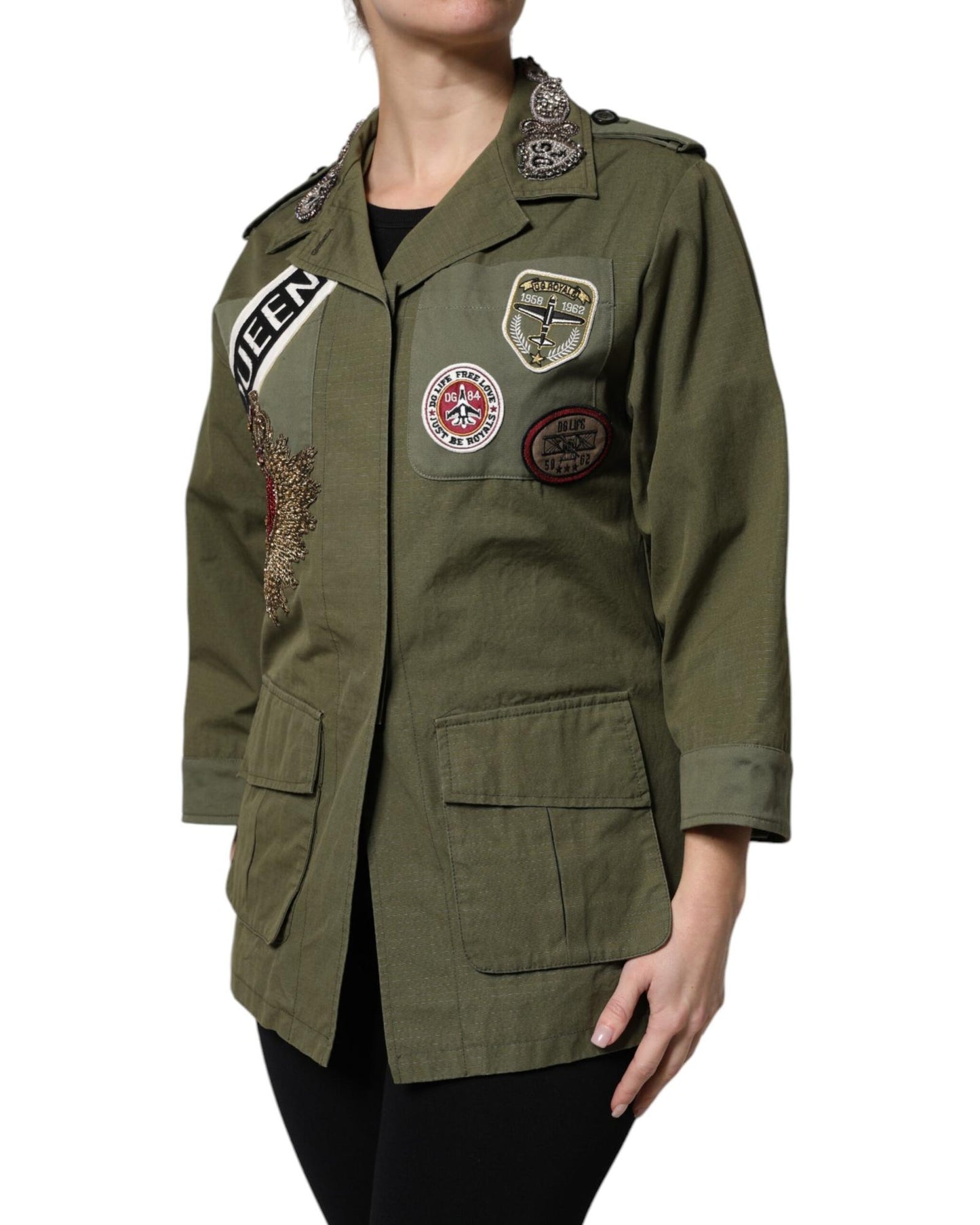 Dolce & Gabbana Women's Military Green Queen Embellished Coat Jacket - 40 IT