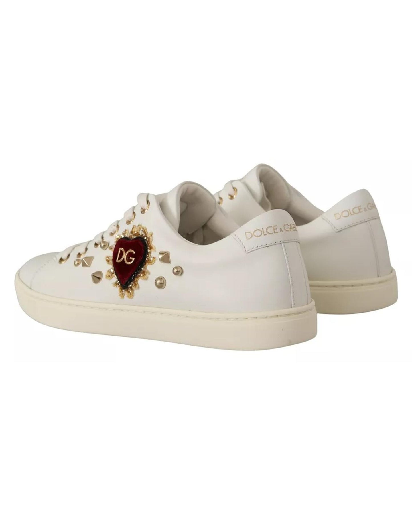 Dolce & Gabbana Women's White Leather Gold Red Heart Sneakers Shoes - 36 EU