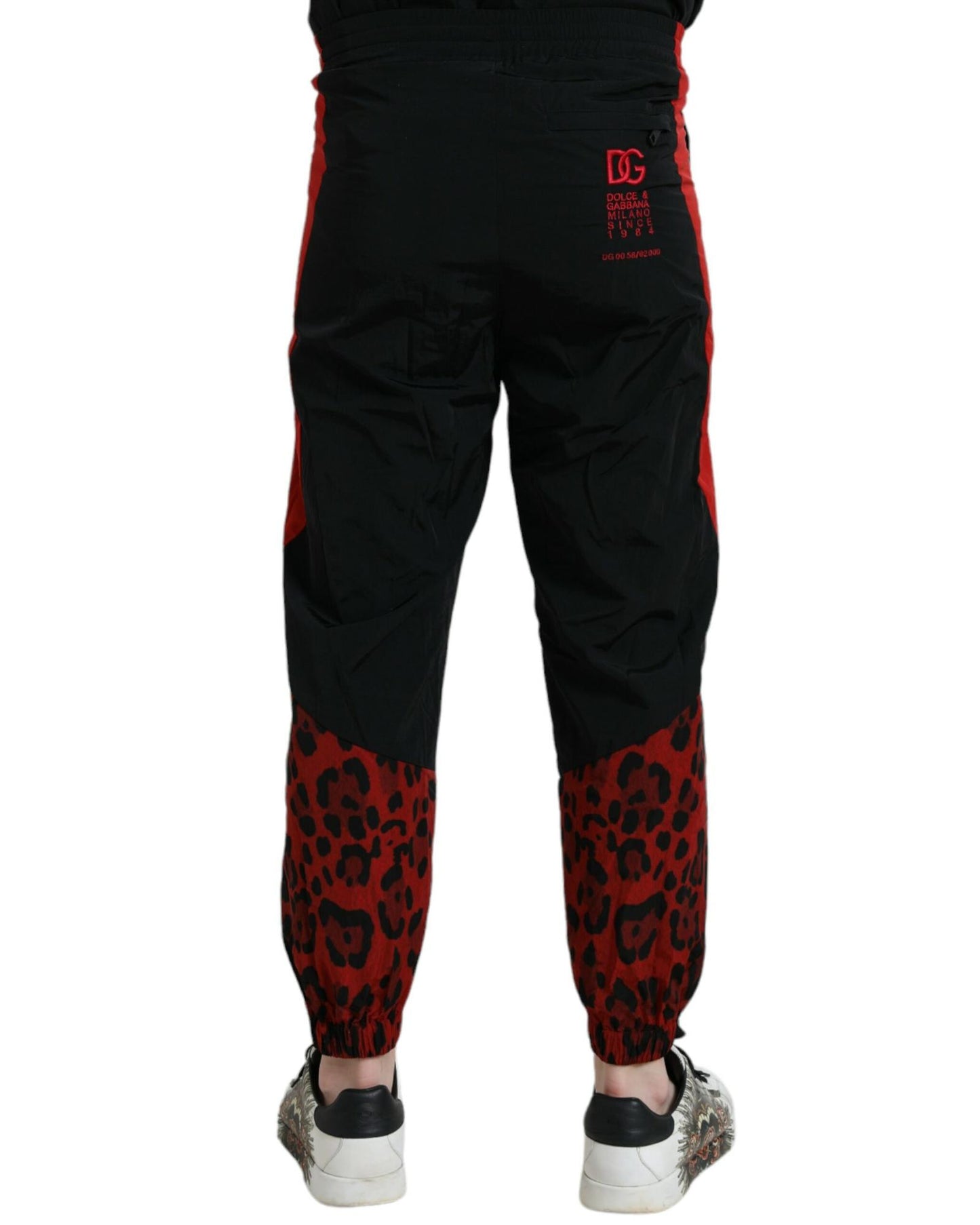 Dolce & Gabbana Men's Black Red Leopard Print Nylon Jogger Pants - 48 IT