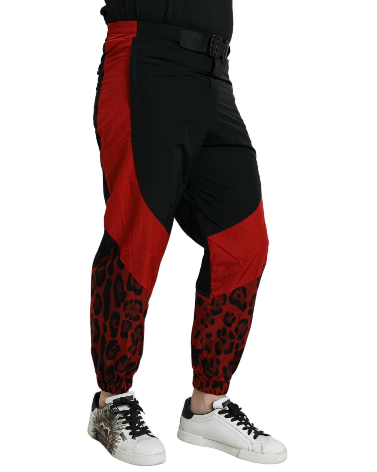 Dolce & Gabbana Men's Black Red Leopard Print Nylon Jogger Pants - 50 IT