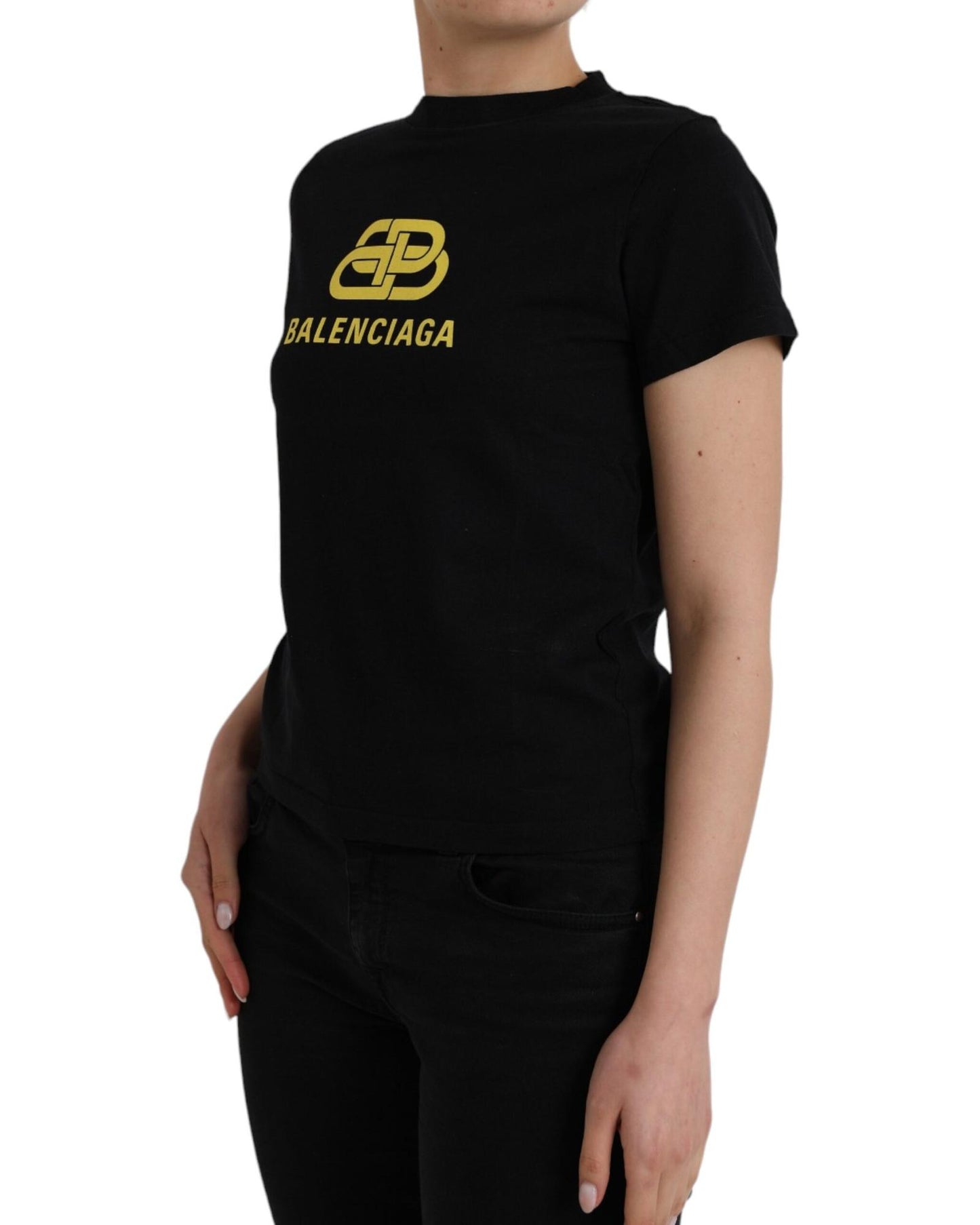 Balenciaga Women's Black Cotton Logo Crew Neck Short Sleeves T-shirt - L