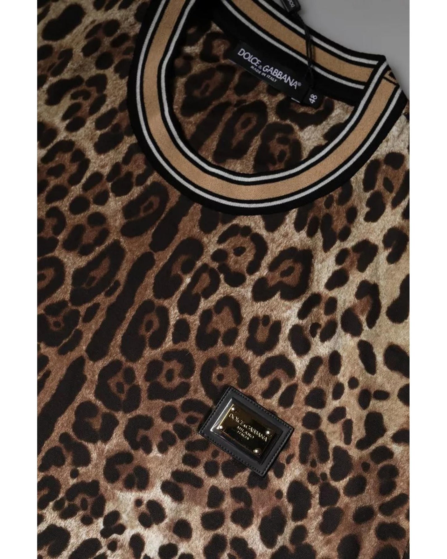 Dolce & Gabbana Men's Brown Leopard Crew Neck Short Sleeve T-shirt - 50 IT