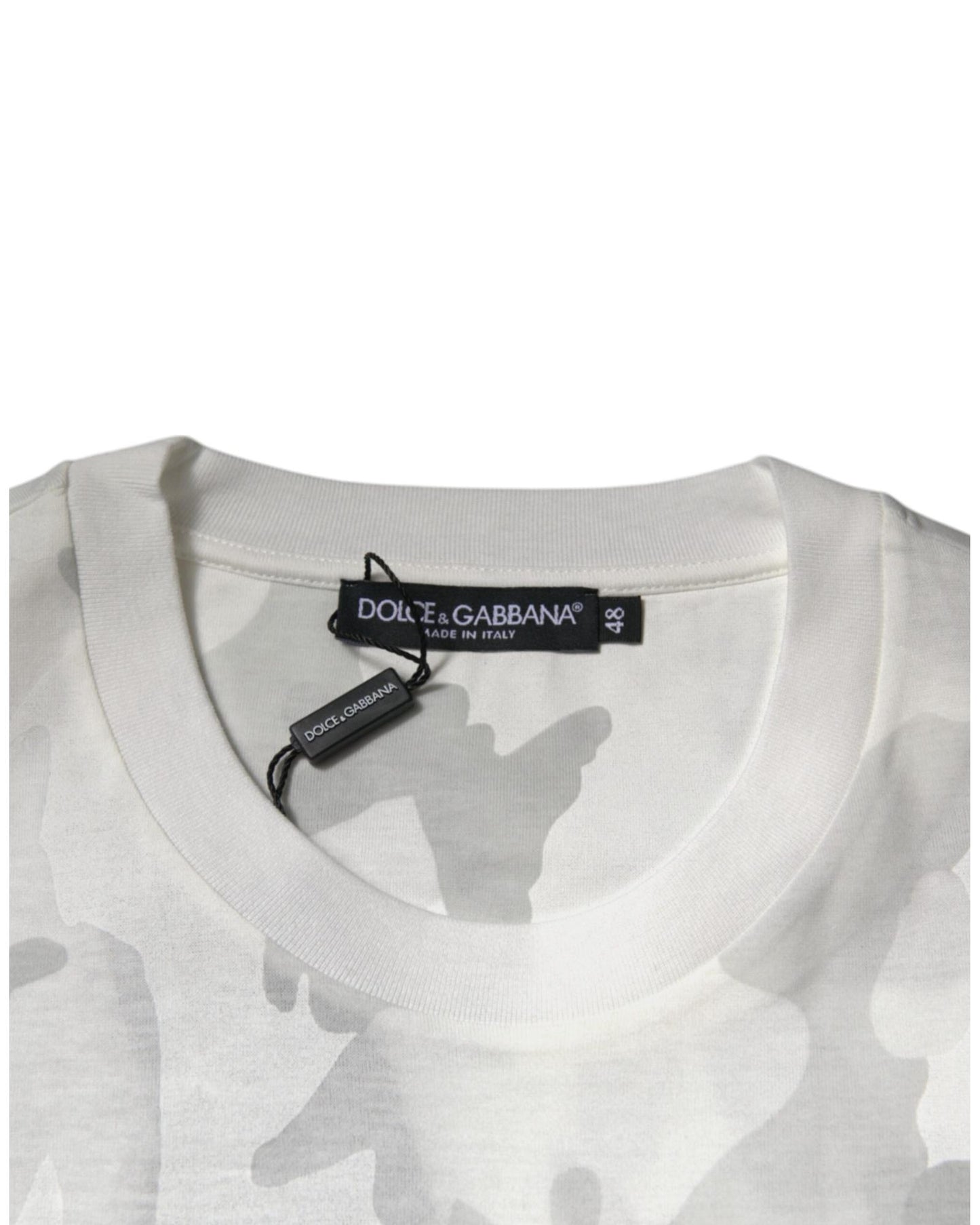 Dolce & Gabbana Men's White Gray Camouflage Cotton Crew Neck T-shirt - 46 IT