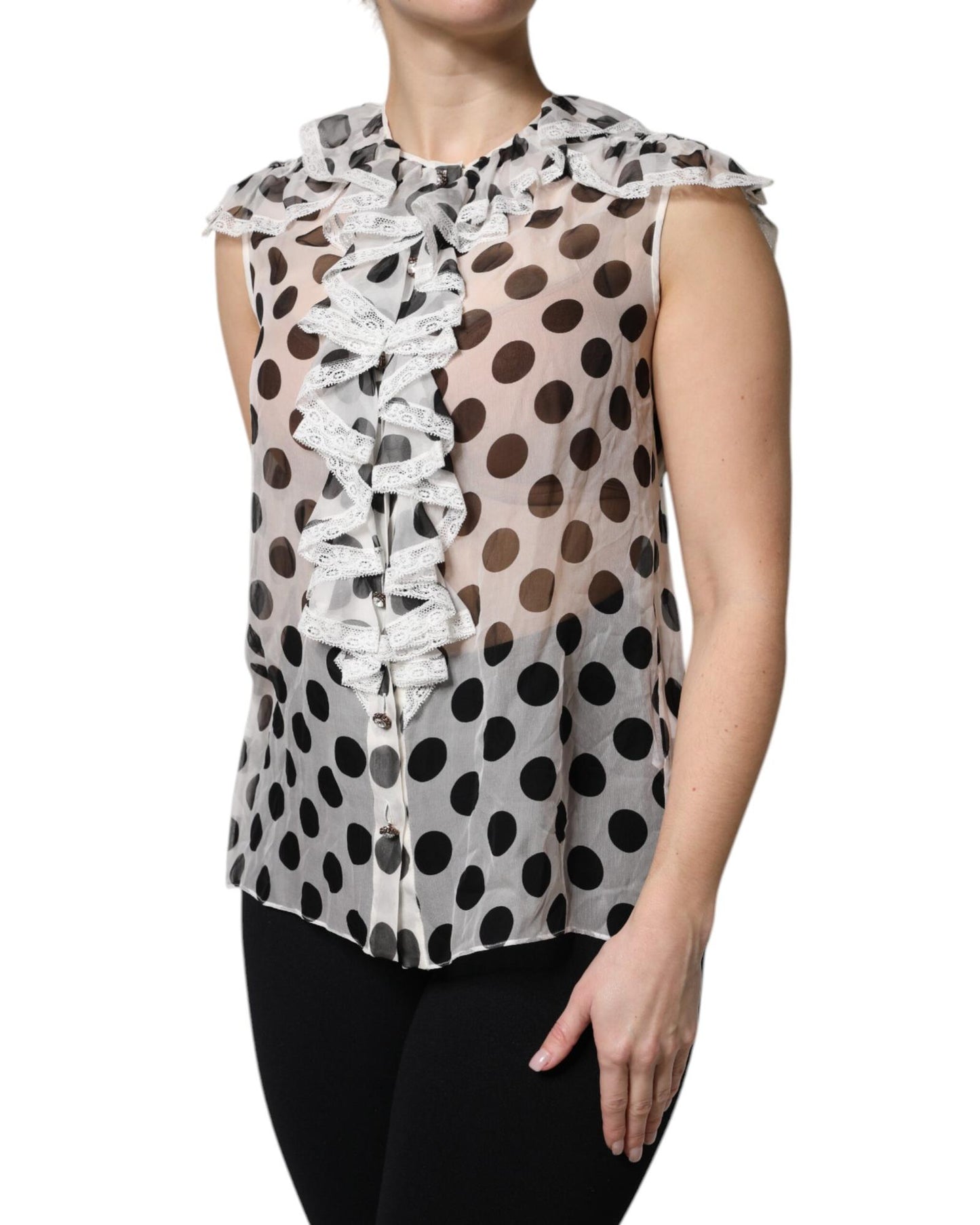 Dolce & Gabbana Women's White Black Polka Dot Cotton Sleeveless Top - 42 IT