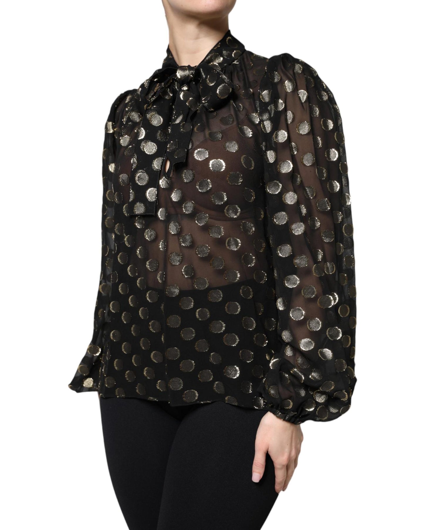 Dolce & Gabbana Women's Black Sheer Tied Neck Polka Dots Blouse Top - 38 IT