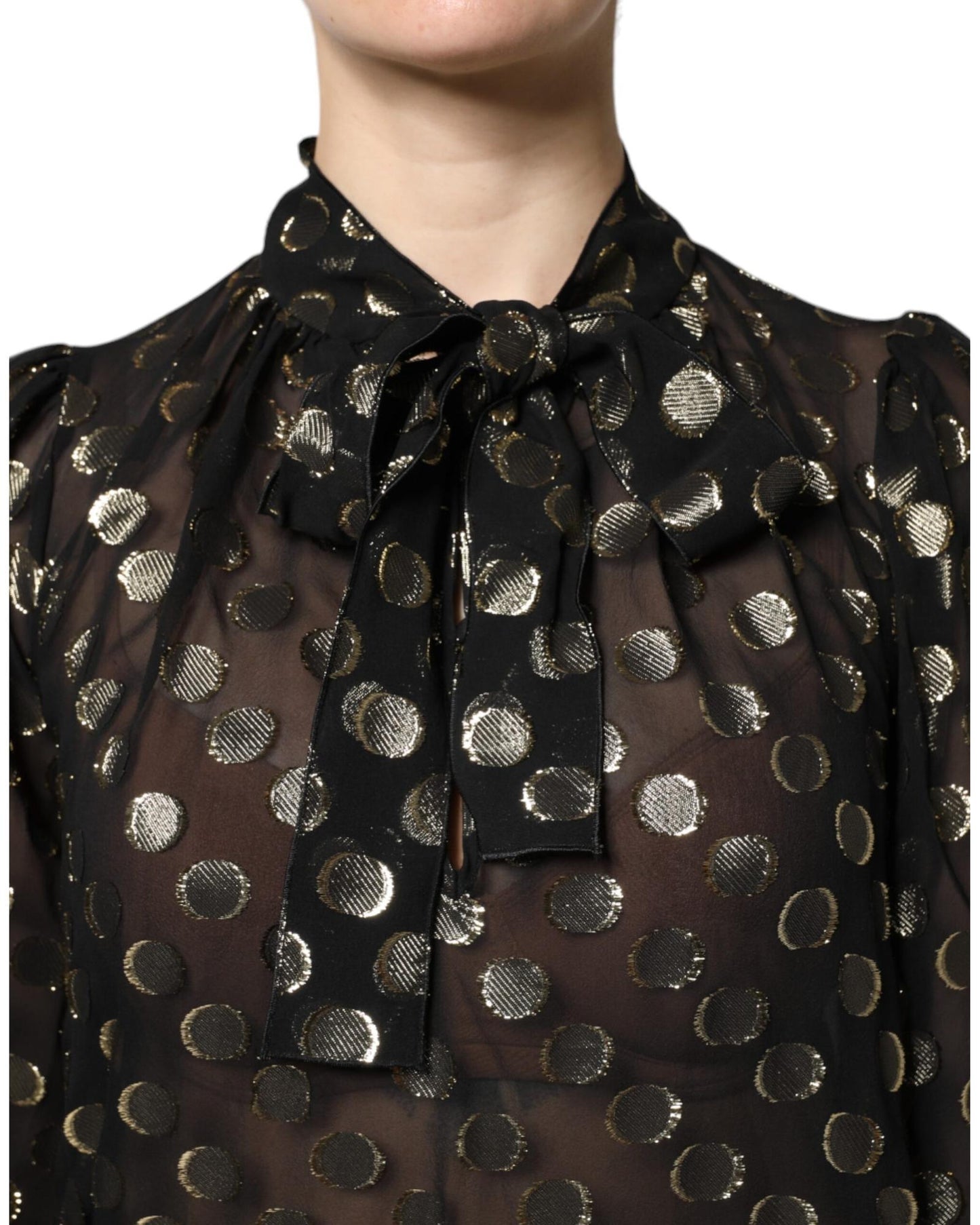 Dolce & Gabbana Women's Black Sheer Tied Neck Polka Dots Blouse Top - 38 IT