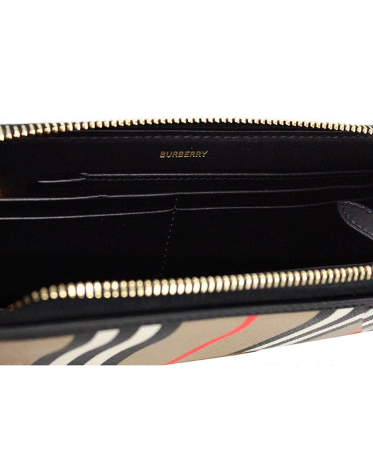 Burberry Women's Ellerby Black Leather Icon Stripe Canvas Zip Around Continental Wallet - One Size