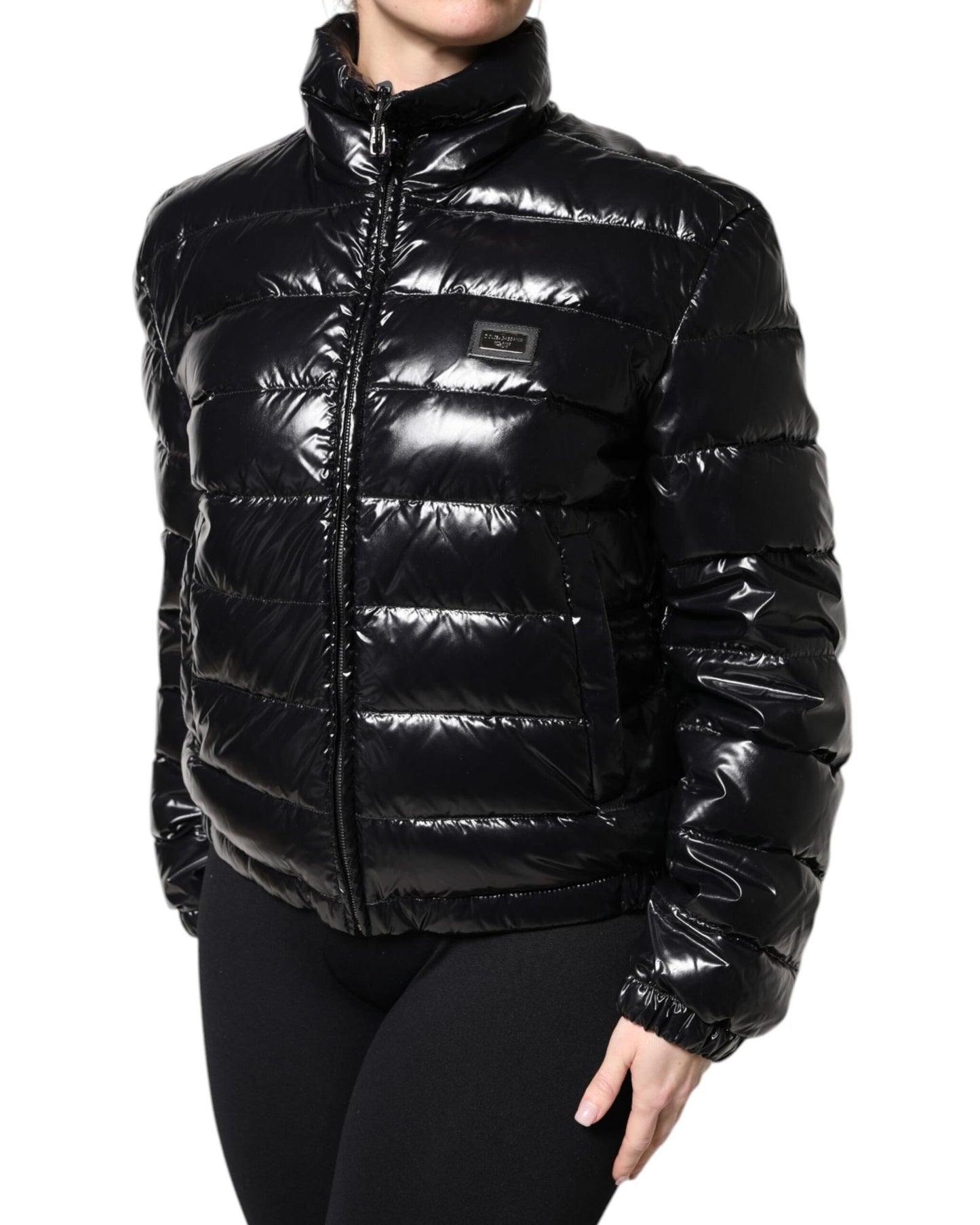Dolce & Gabbana Women's Black Logo Plaque Full Zip Puffer Jacket - 42 IT