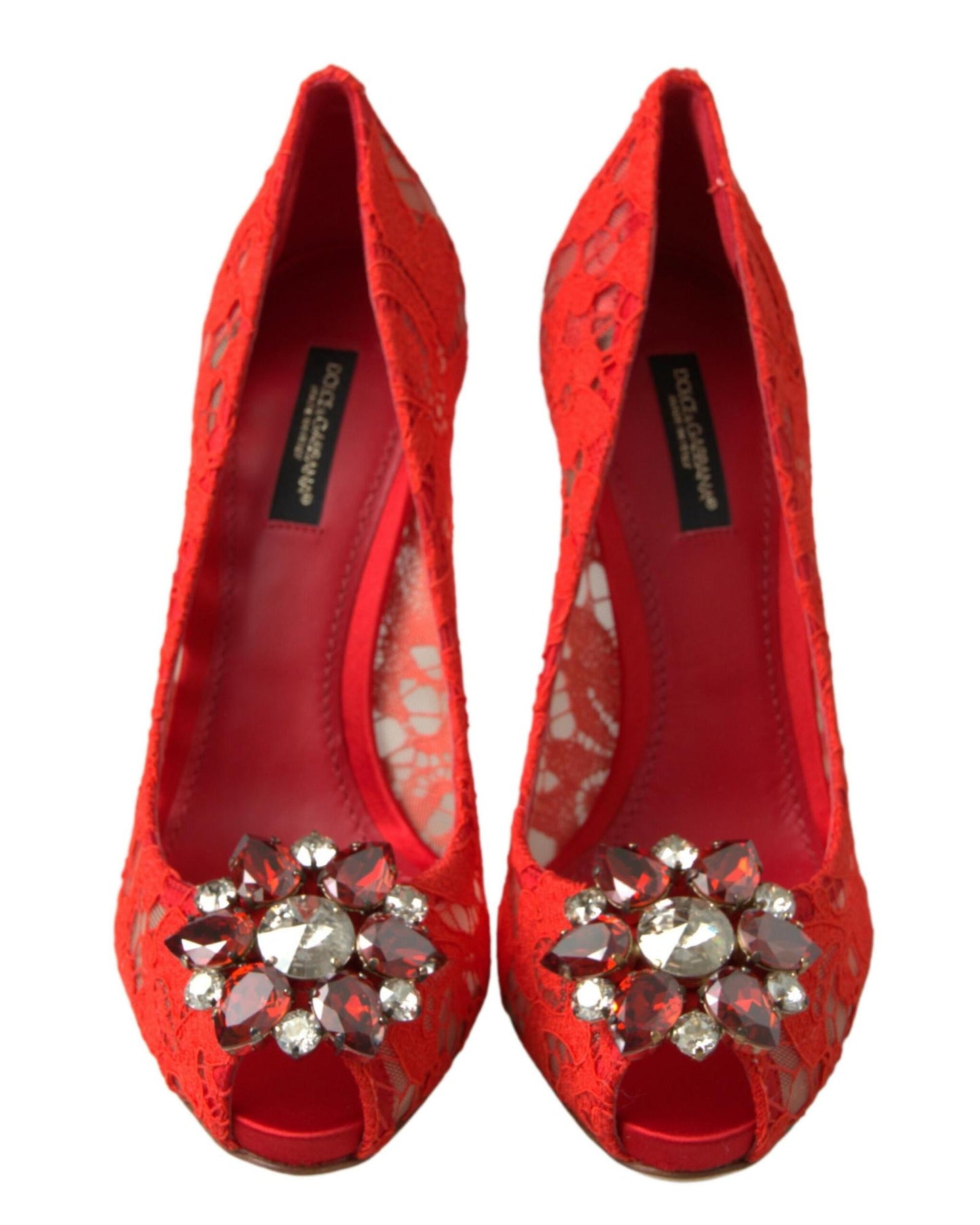 Dolce & Gabbana Women's Red Taormina Lace Crystal Heels Pumps Shoes - 37 EU