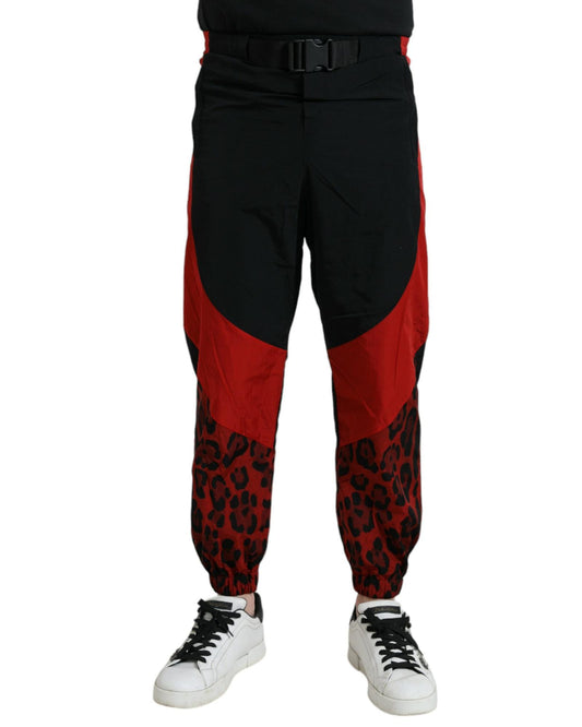 Dolce & Gabbana Men's Black Red Leopard Print Nylon Jogger Pants - 48 IT